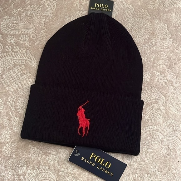 Brand New Polo Ralph Lauren Black Knit Stretch Beanie Hat Red Embroidered Pony - Picture 2 of 14